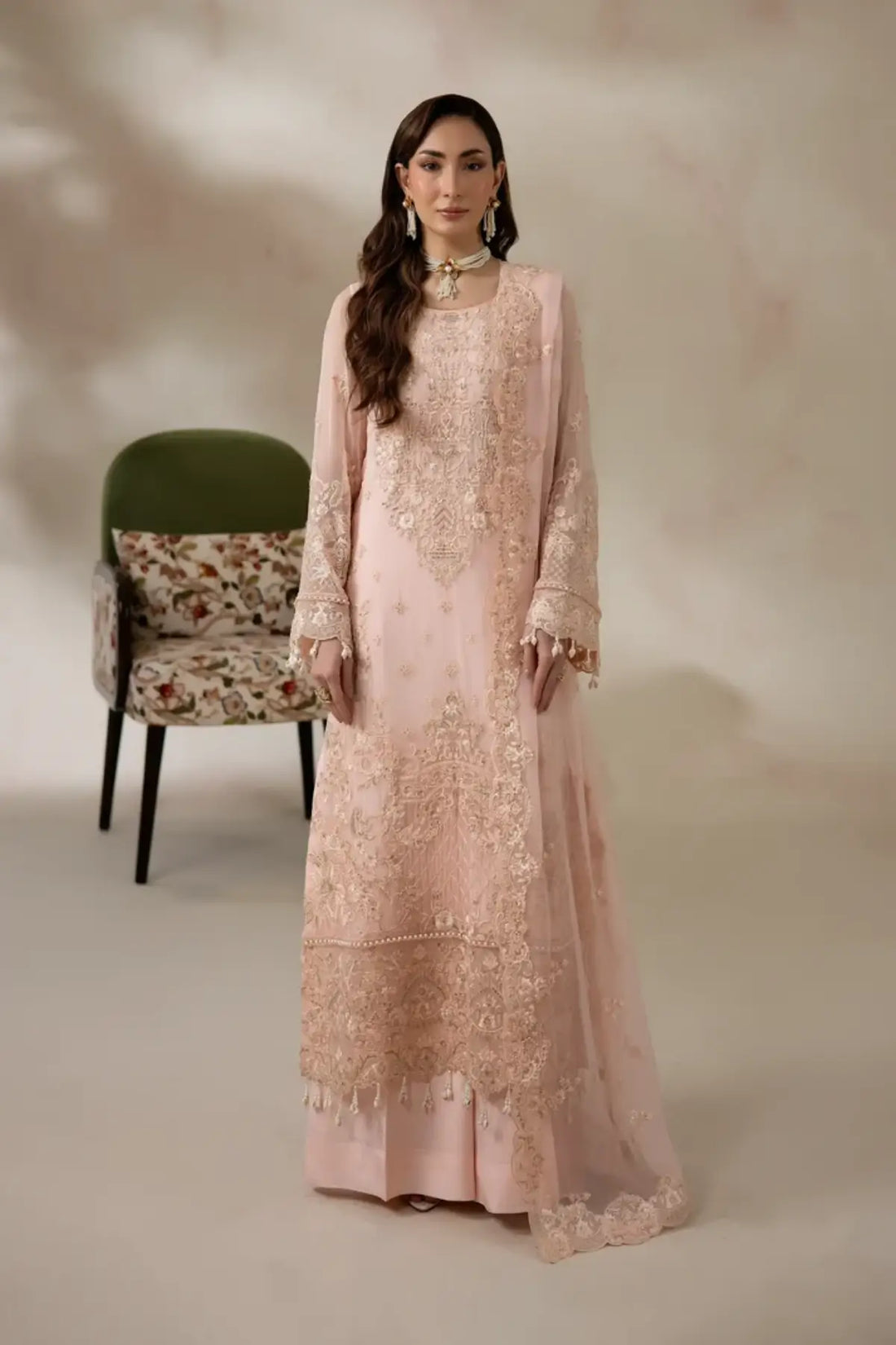 I-282 Roselle by Imrozia, peach pink embroidered chiffon Nikkah stitched suit with raw silk trouser and chiffon dupatta.