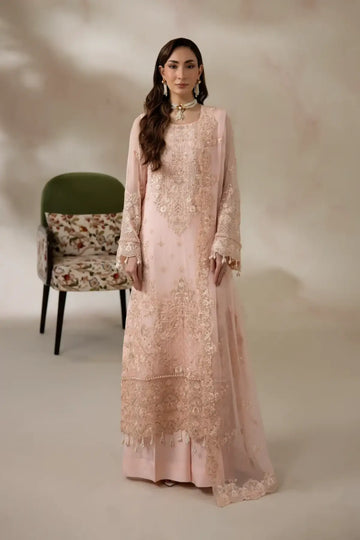 I-282 Roselle by Imrozia, peach pink embroidered chiffon Nikkah stitched suit with raw silk trouser and chiffon dupatta.