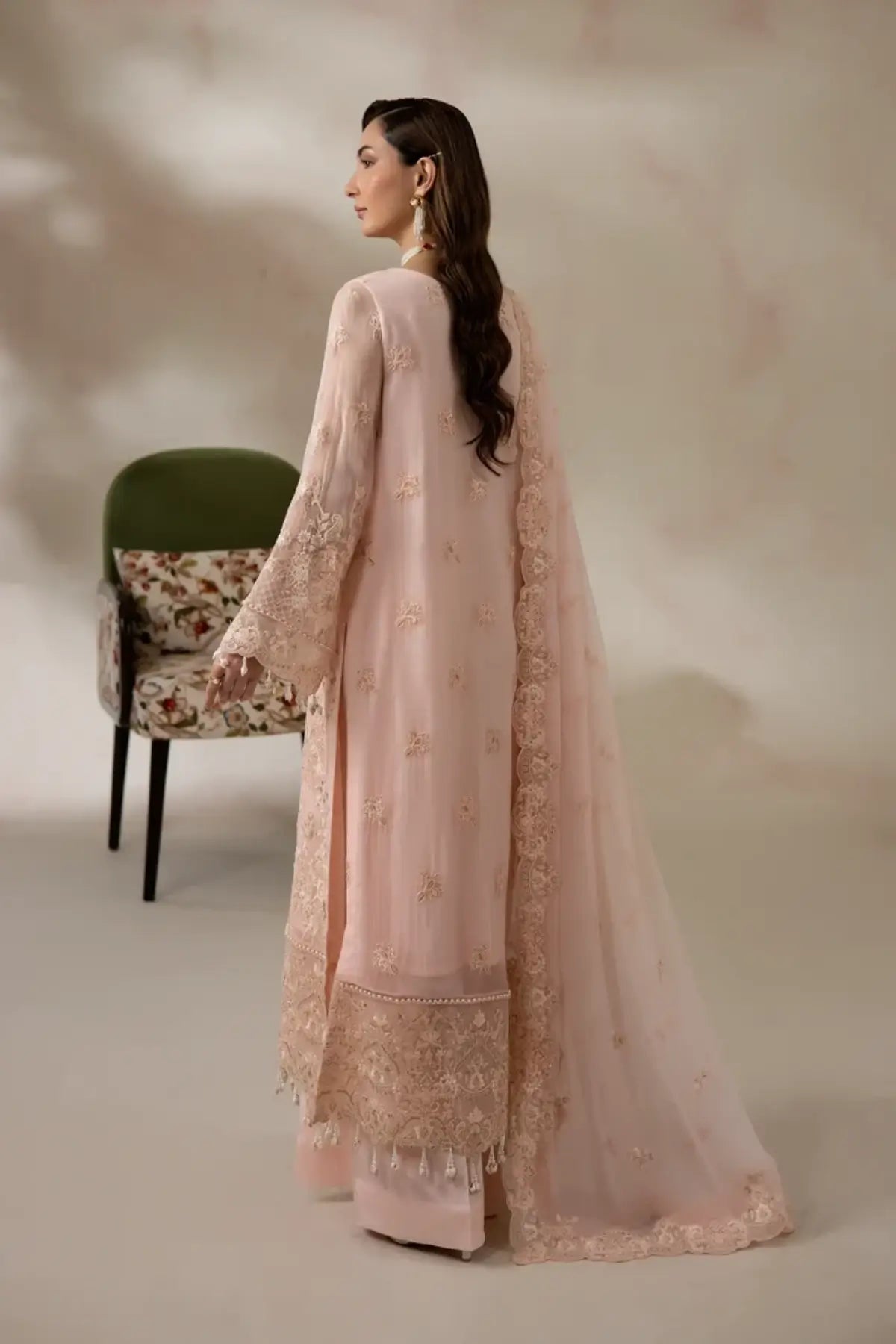 I-282 Roselle by Imrozia, peach pink embroidered chiffon Nikkah stitched suit with raw silk trouser and chiffon dupatta.