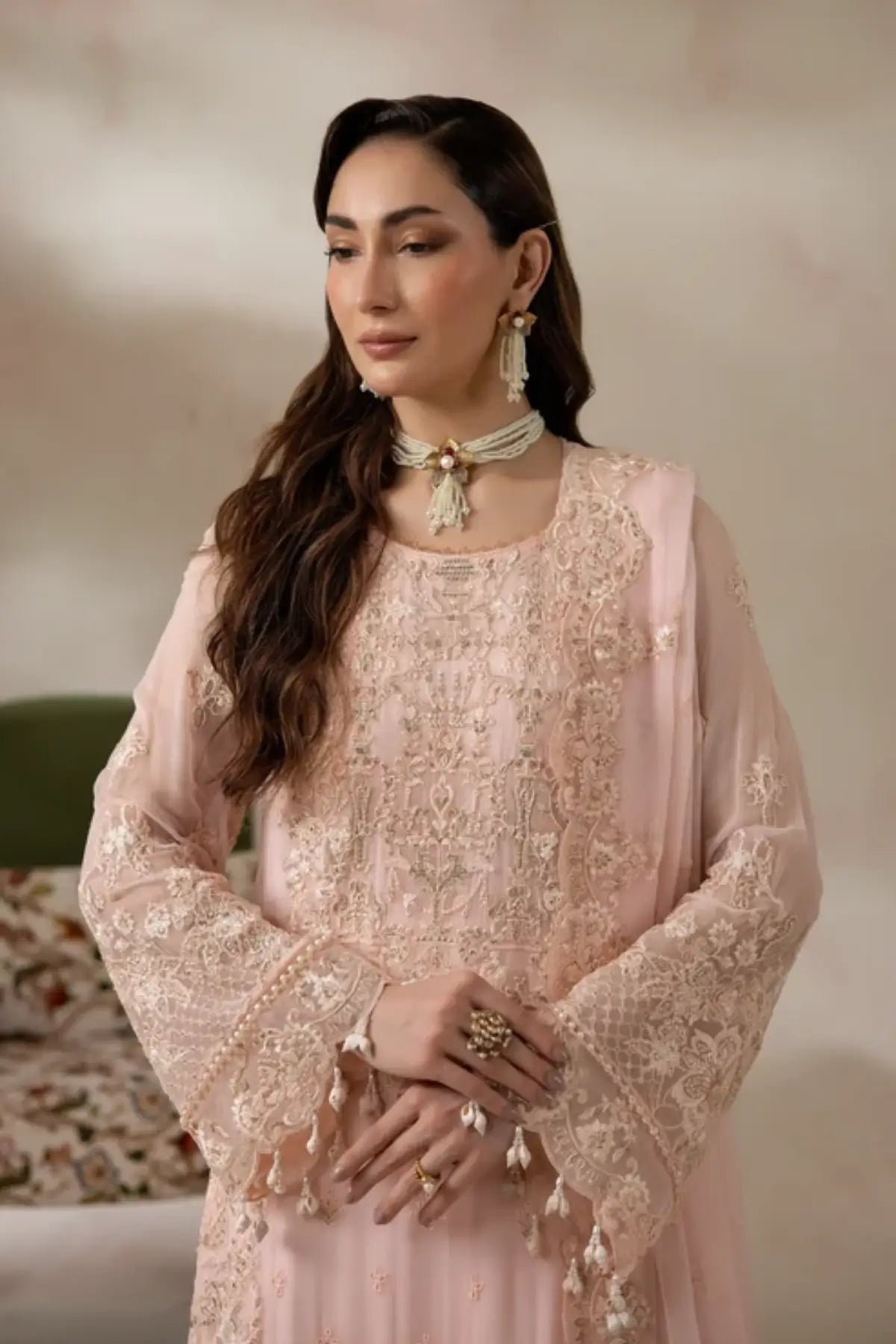 I-282 Roselle by Imrozia, peach pink embroidered chiffon Nikkah stitched suit with raw silk trouser and chiffon dupatta.