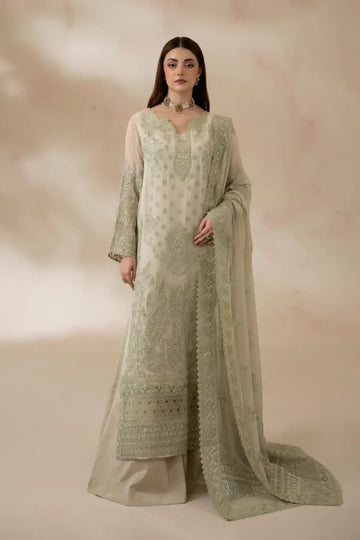 I-283 Verdelle by Imrozia, pistachio green embroidered chiffon festive suit with raw silk trouser and chiffon dupatta.