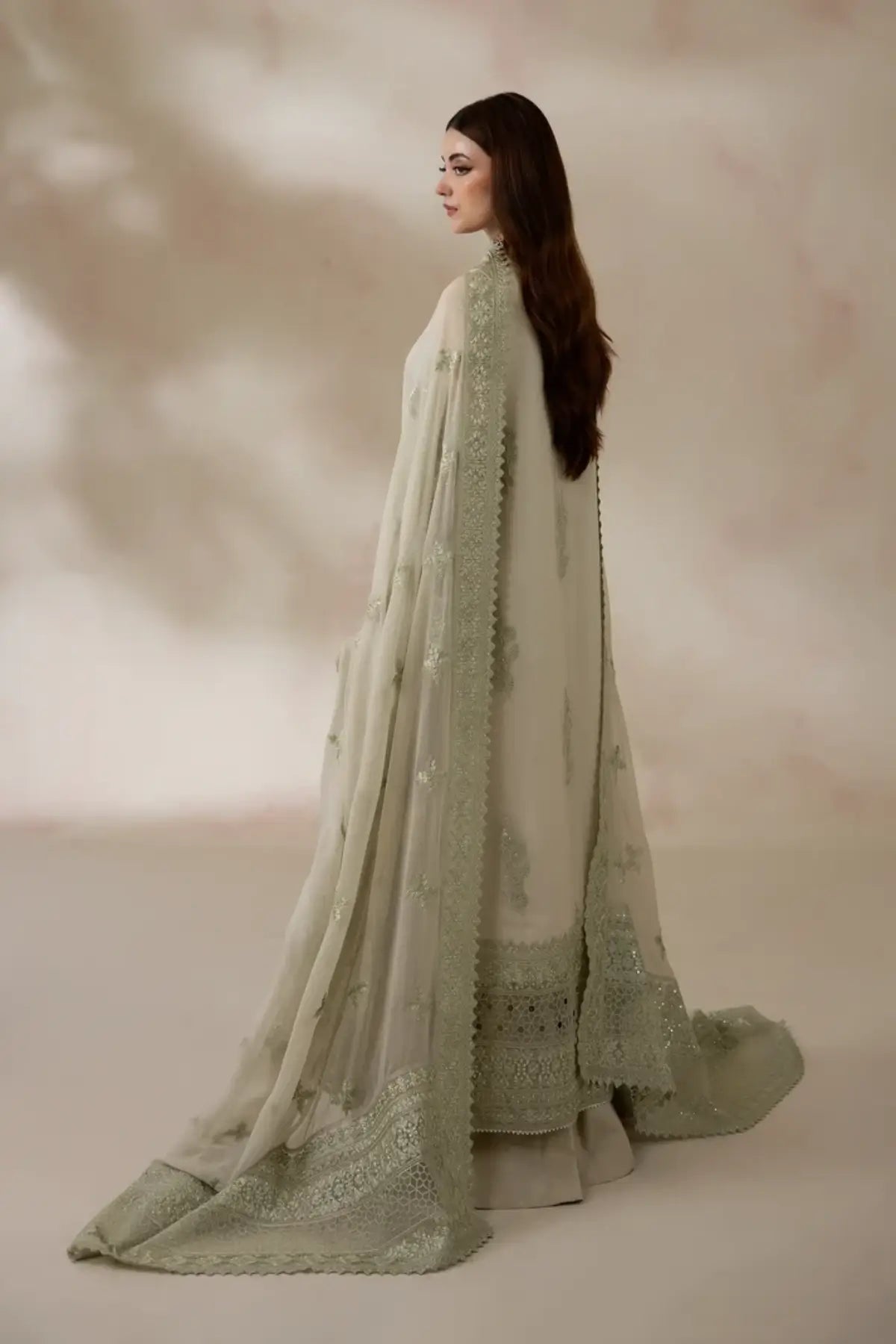 I-283 Verdelle by Imrozia, pistachio green embroidered chiffon festive suit with raw silk trouser and chiffon dupatta.