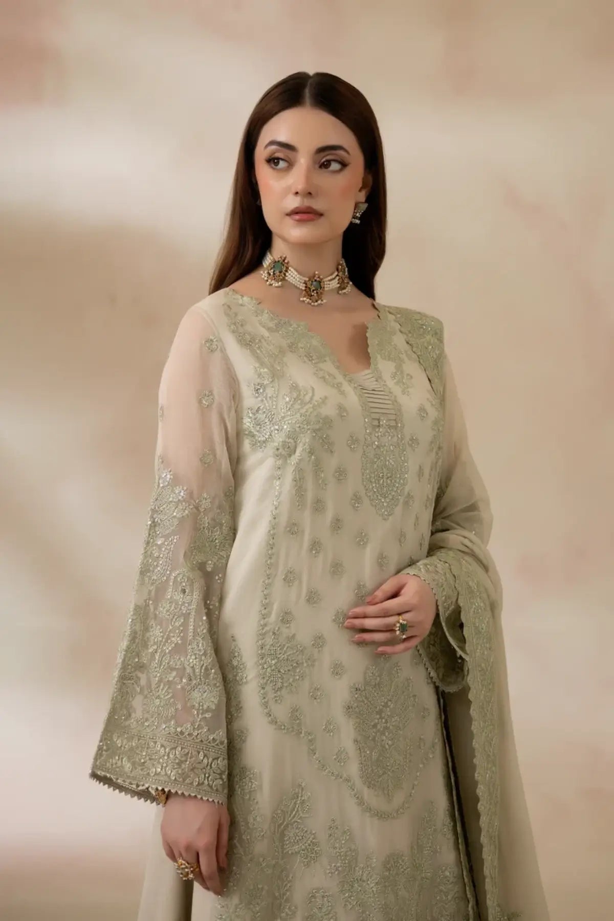 I-283 Verdelle by Imrozia, pistachio green embroidered chiffon festive suit with raw silk trouser and chiffon dupatta.