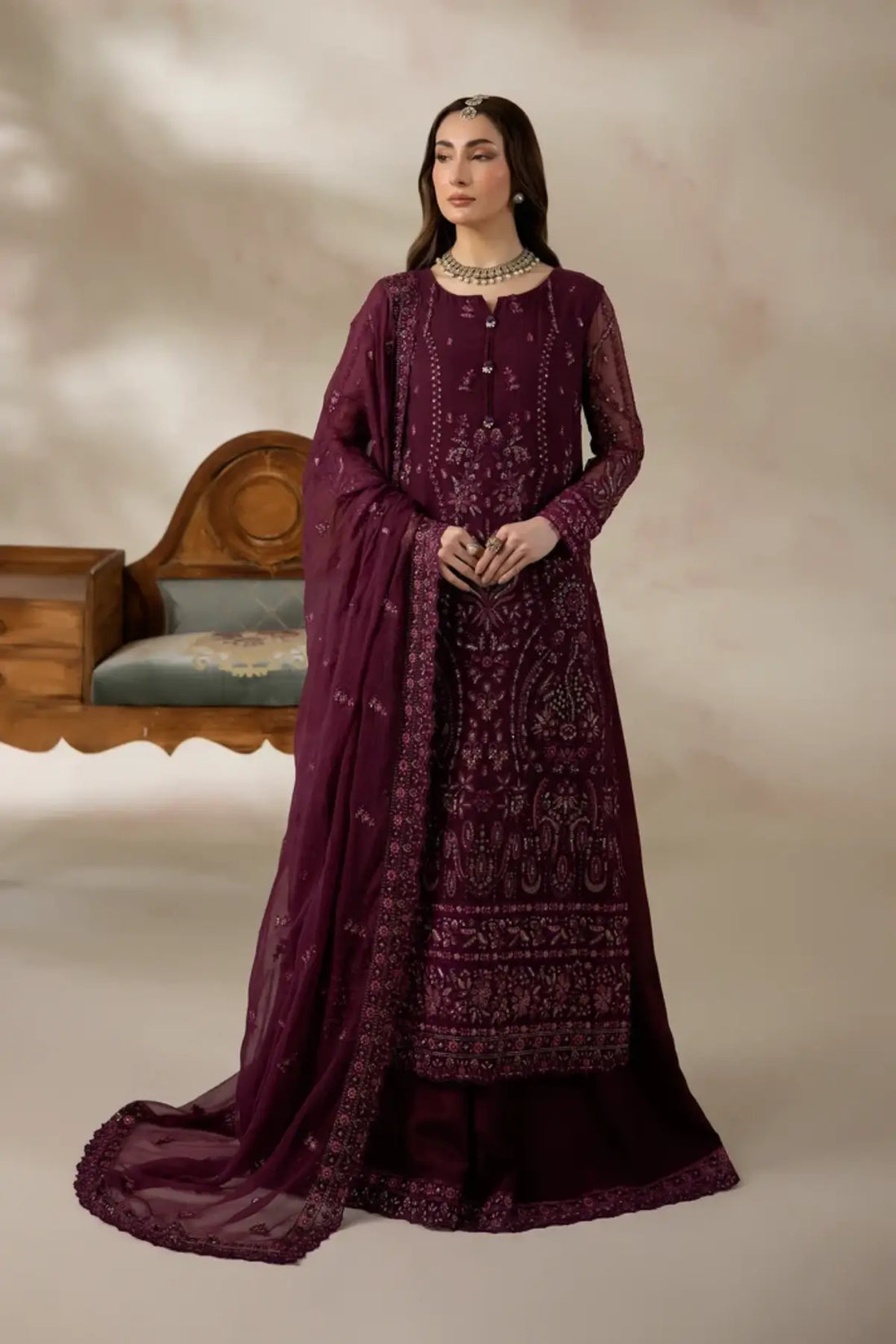 I-284 Rubelle by Imrozia, plum embellished chiffon wedding suit with raw silk trouser and embroidered chiffon dupatta.
