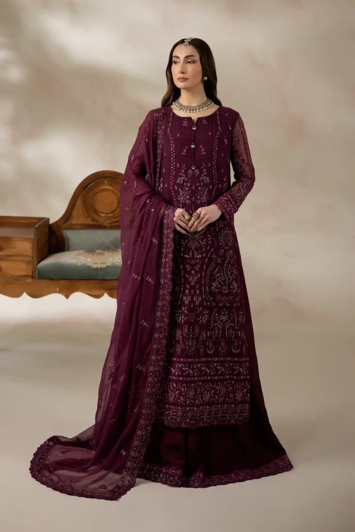 I-284 Rubelle by Imrozia, plum embellished chiffon wedding suit with raw silk trouser and embroidered chiffon dupatta.