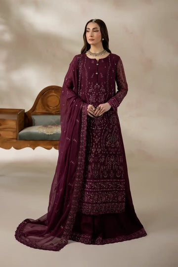 I-284 Rubelle by Imrozia, plum embellished chiffon wedding suit with raw silk trouser and embroidered chiffon dupatta.