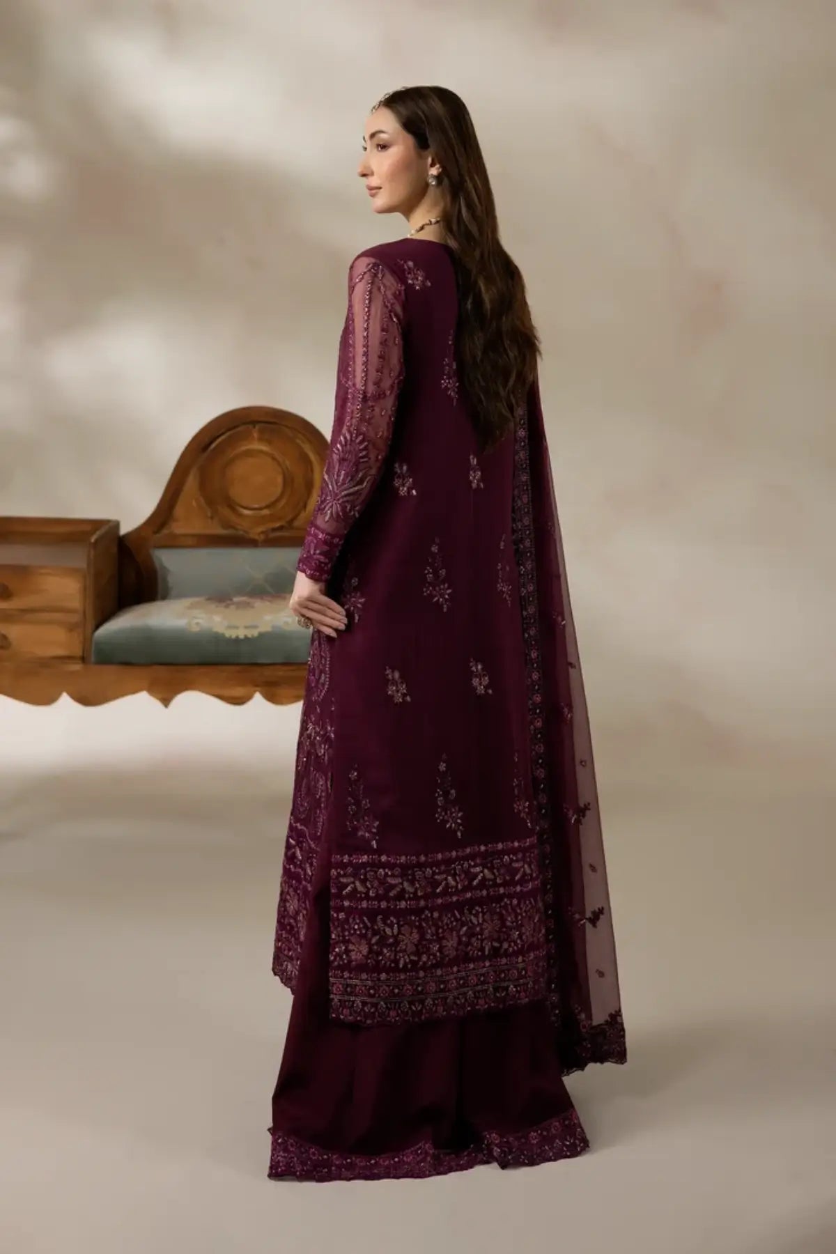 I-284 Rubelle by Imrozia, plum embellished chiffon wedding suit with raw silk trouser and embroidered chiffon dupatta.