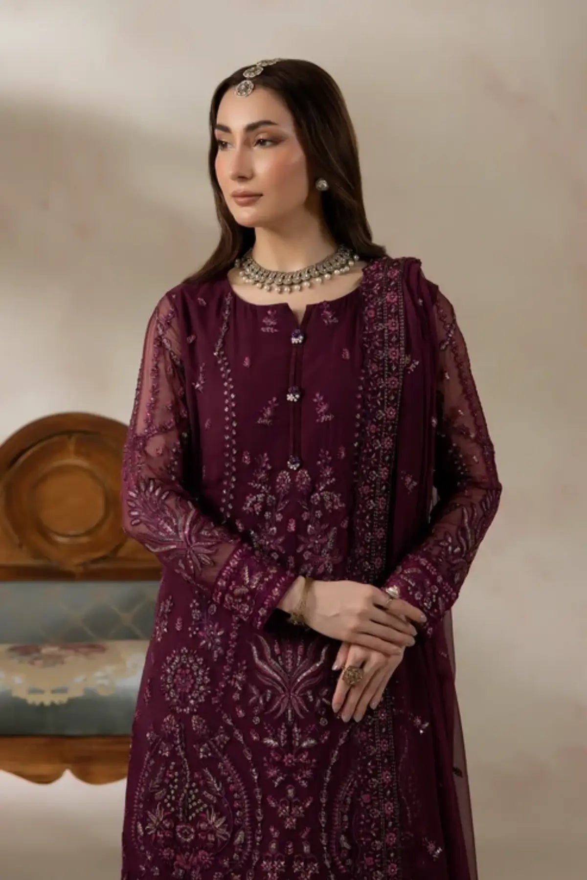 I-284 Rubelle by Imrozia, plum embellished chiffon wedding suit with raw silk trouser and embroidered chiffon dupatta.