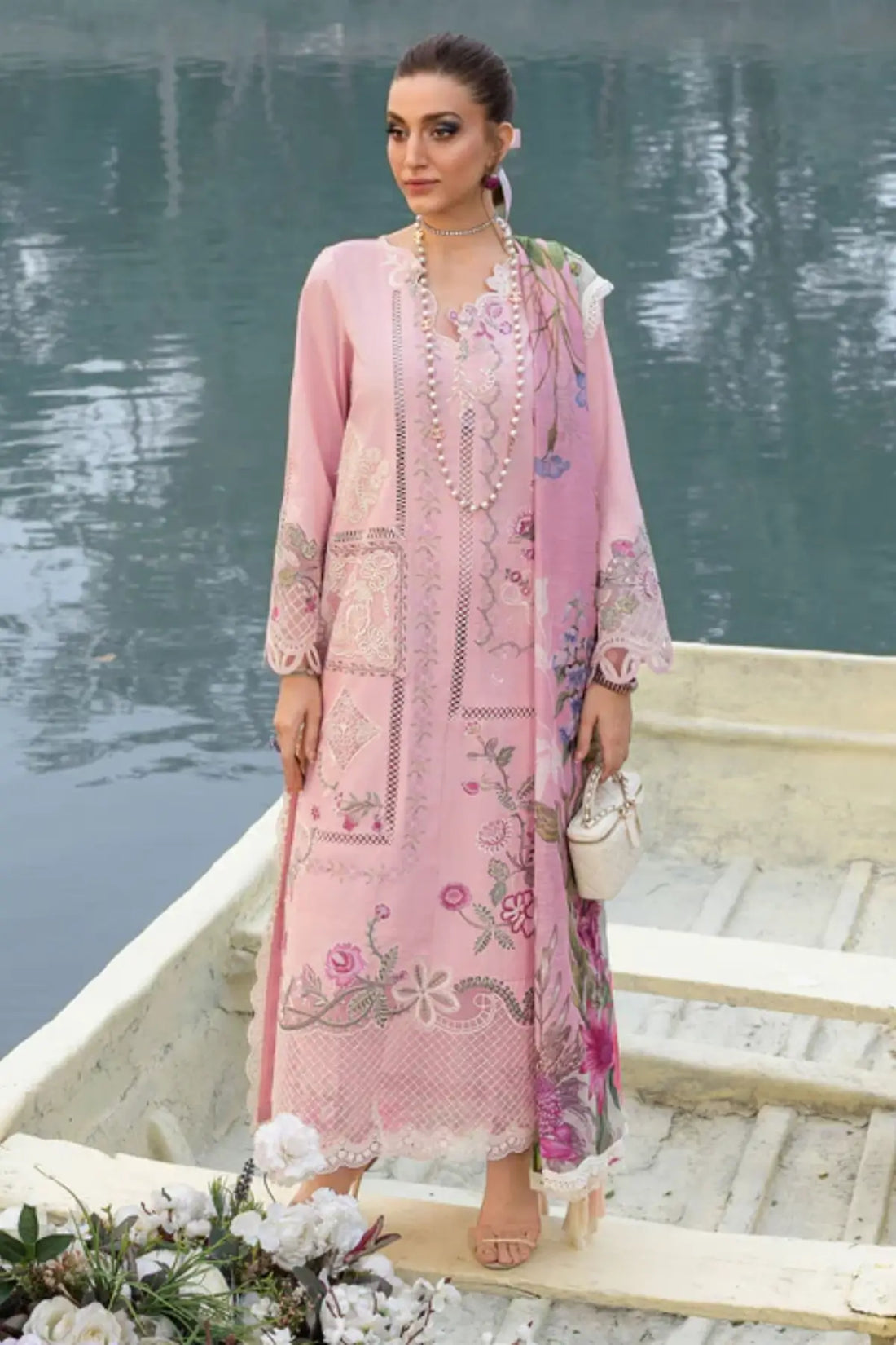 IRIS 1A pink floral lawn stitched 3PC suit by Saira Shakira with monar dupatta