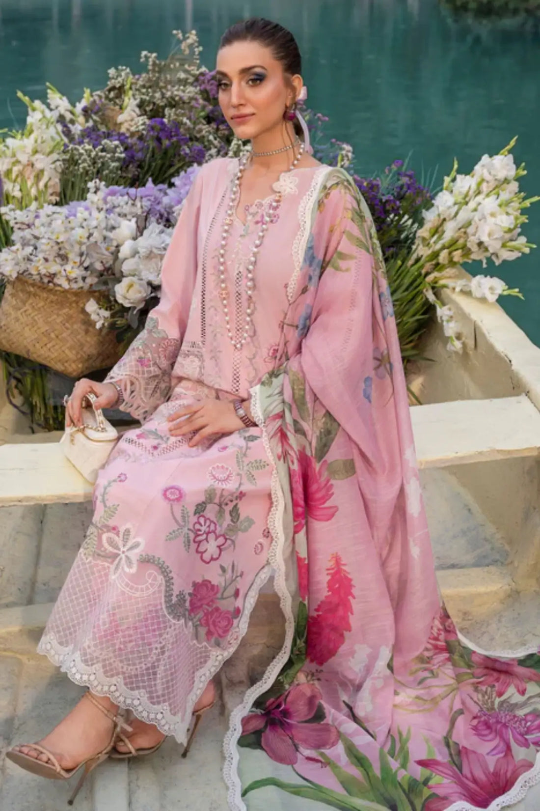 IRIS 1A pink floral lawn stitched 3PC suit by Saira Shakira with monar dupatta