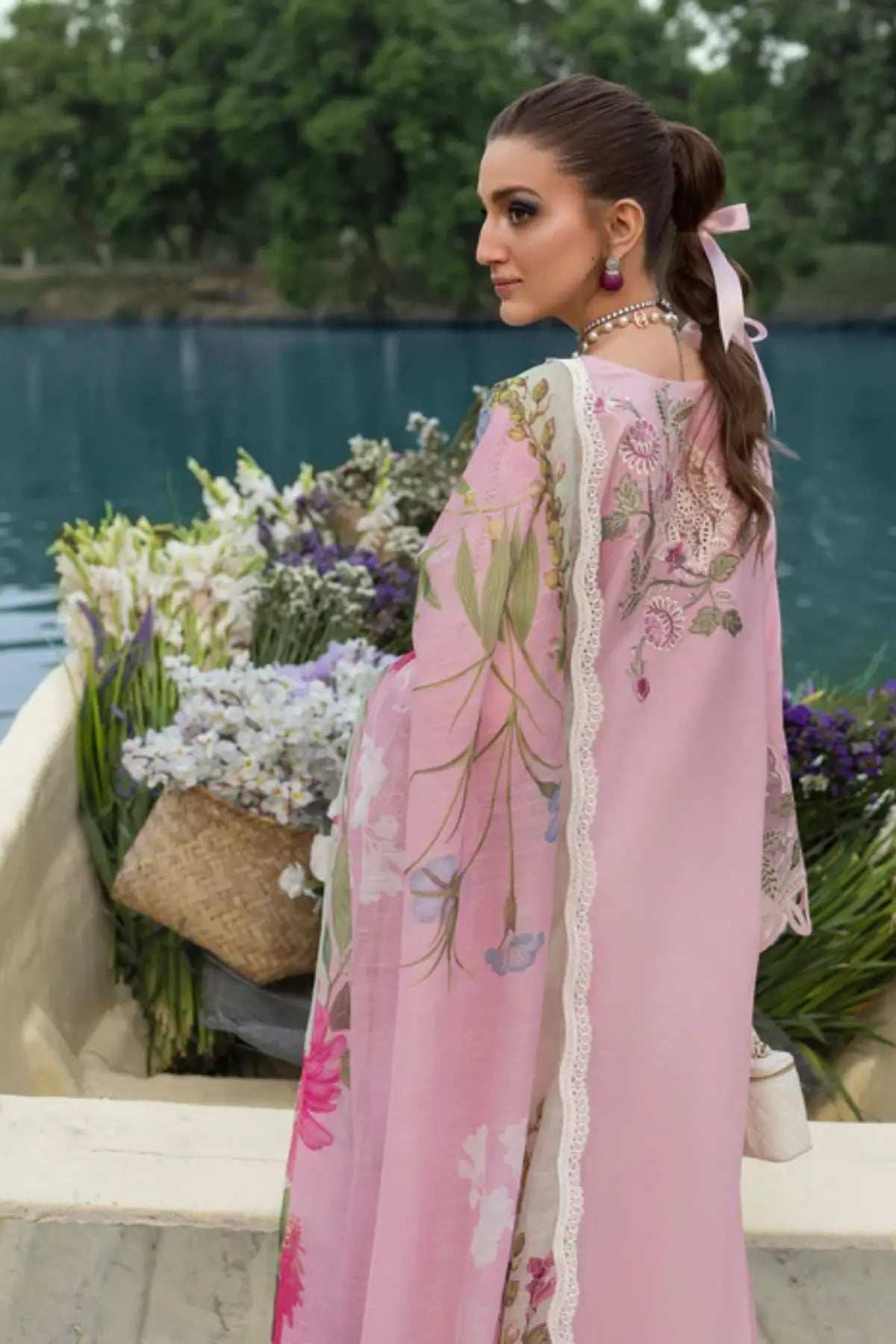IRIS 1A pink floral lawn stitched 3PC suit by Saira Shakira with monar dupatta