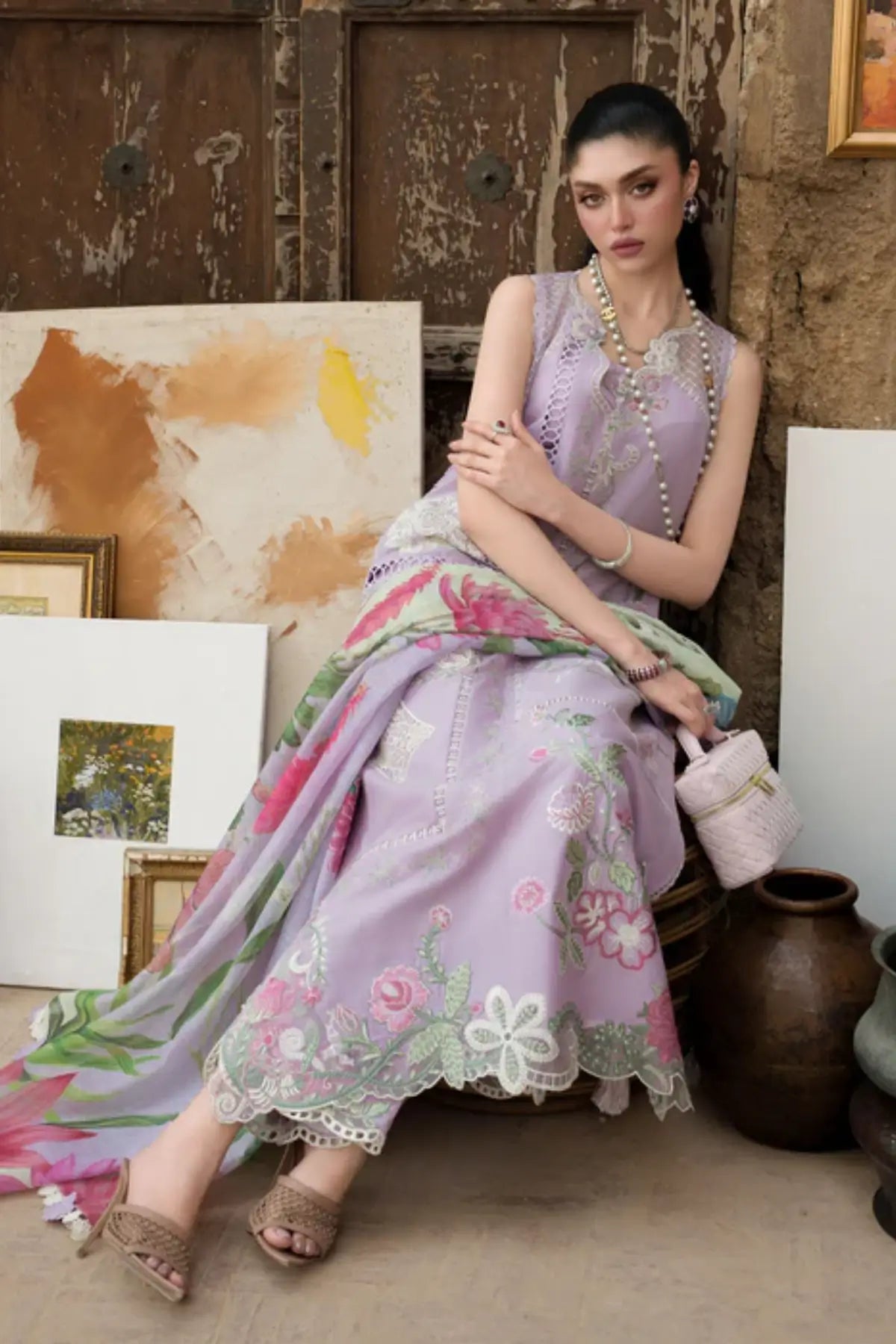 IRIS 1B lilac floral embroidered lawn suit by Saira Shakira with monar dupatta