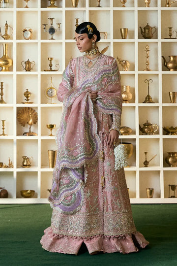 ISRANA by Suffuse dusty pink angrakha style gown with embroidered dupatta and silk trousers, luxury wedding formal look