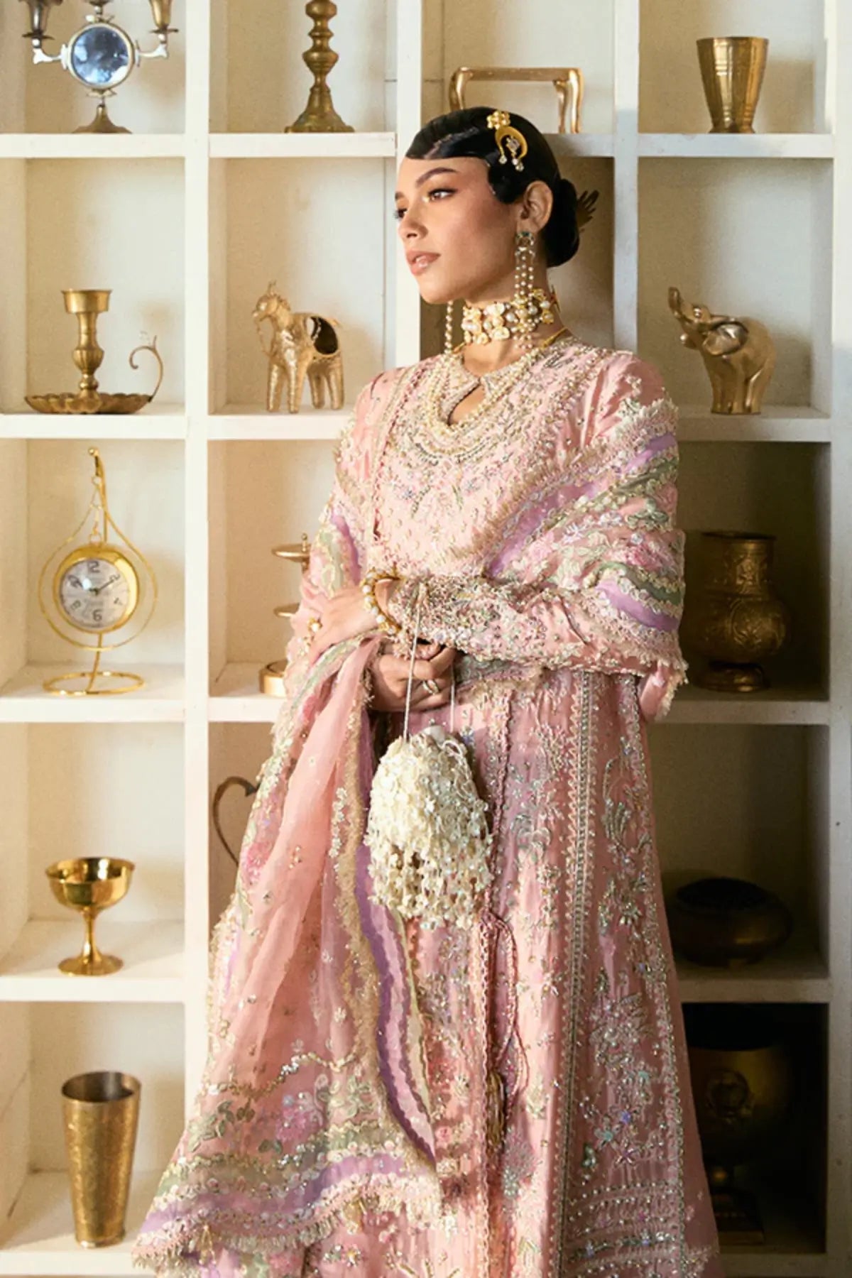 ISRANA by Suffuse dusty pink angrakha style gown with embroidered dupatta and silk trousers, luxury wedding formal look
