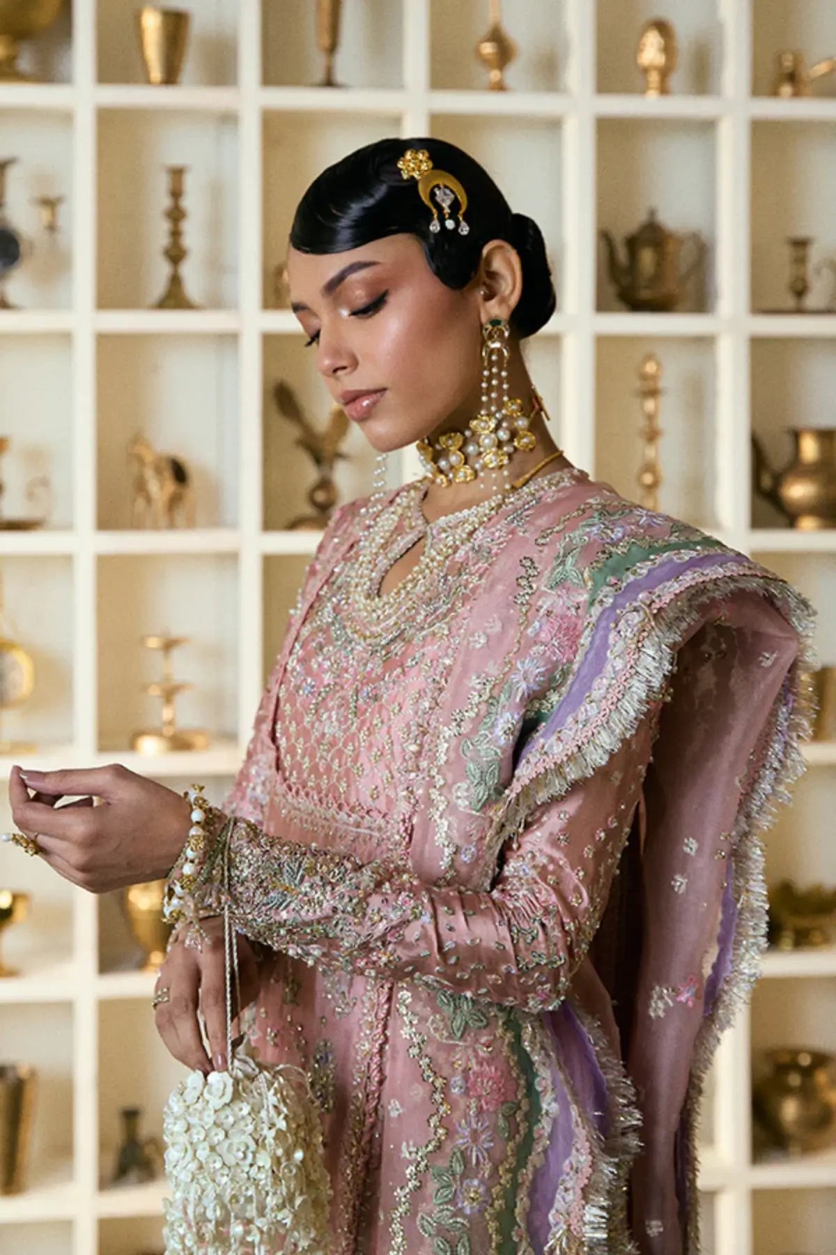ISRANA by Suffuse dusty pink angrakha style gown with embroidered dupatta and silk trousers, luxury wedding formal look