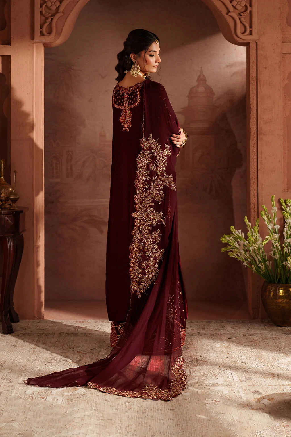 Iznik IV-55 Maroon Velvet Royal Ensemble – Handcrafted Winter Luxury Suit for Elegant Events Online at Pakistanimoda.com