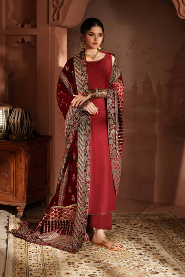 Iznik IV-56 Maroon Velvet Embroidered Suit with Shawl – Winter Bridal & Festive Wear Online at Pakistanimoda.com