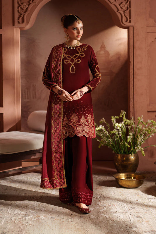 Iznik IV-58 Raagni Red Velvet Embroidered Shalwar Kameez – Winter Bridal & Festive Wear Online at Pakistanimoda.com
