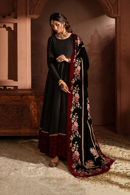 Iznik IV-59 Raagni Black Velvet Embroidered Frock with Shawl – Winter Bridal & Festive Party Wear Online at Pakistanimoda.com