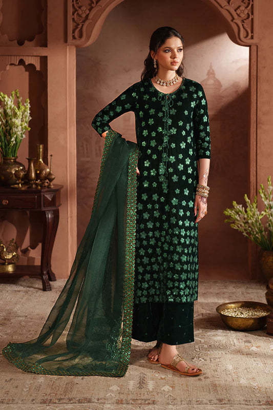Iznik IV-60 Bottle Green Velvet Couture Suit – Hand-Embroidered Winter Luxury Ensemble Exclusively at Pakistanimoda.com
