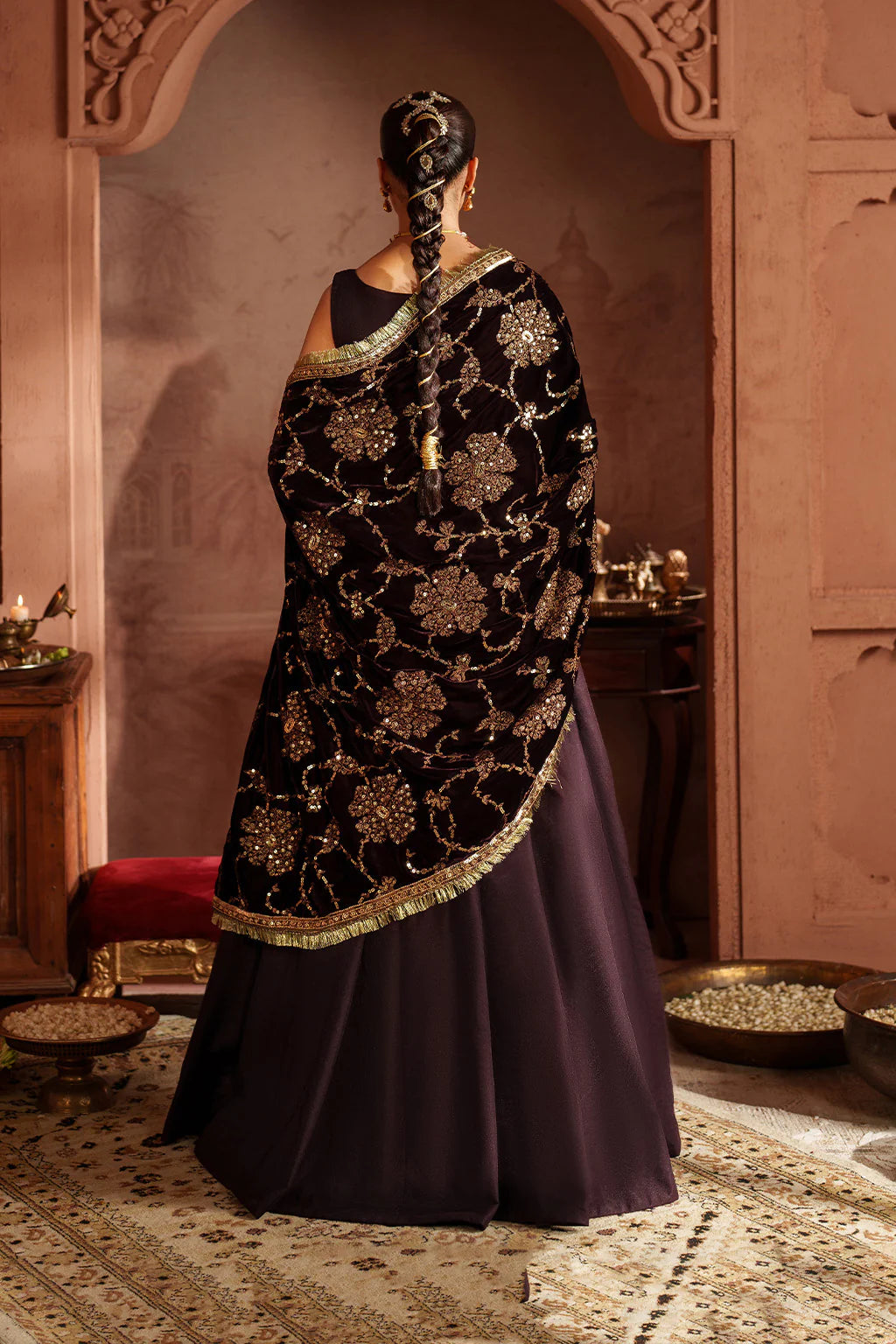 Iznik IV-63 Raagni Deep Plum Velvet Frock with Embroidered Shawl & Silk Bottom – Shop Festive Formal Wear Online at Pakistanimoda.com