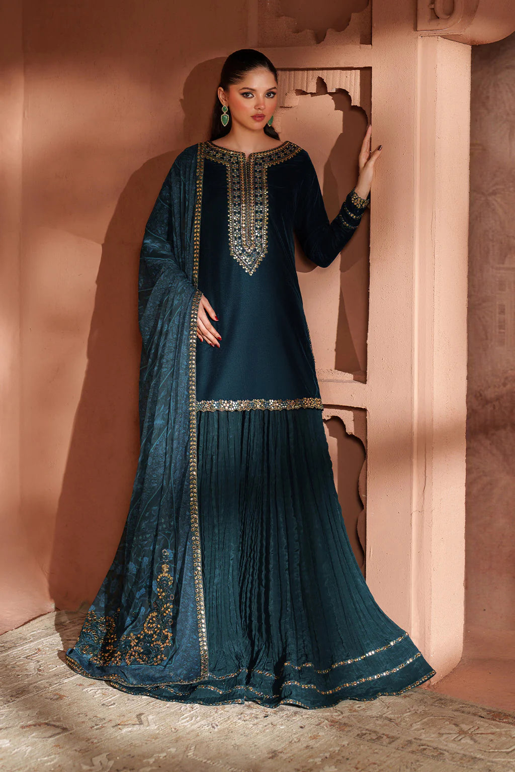 Iznik IV-64 Raagni Teal Blue Velvet Embroidered Sharara Suit – Winter Bridal & Festive Wear Online at Pakistanimoda.com