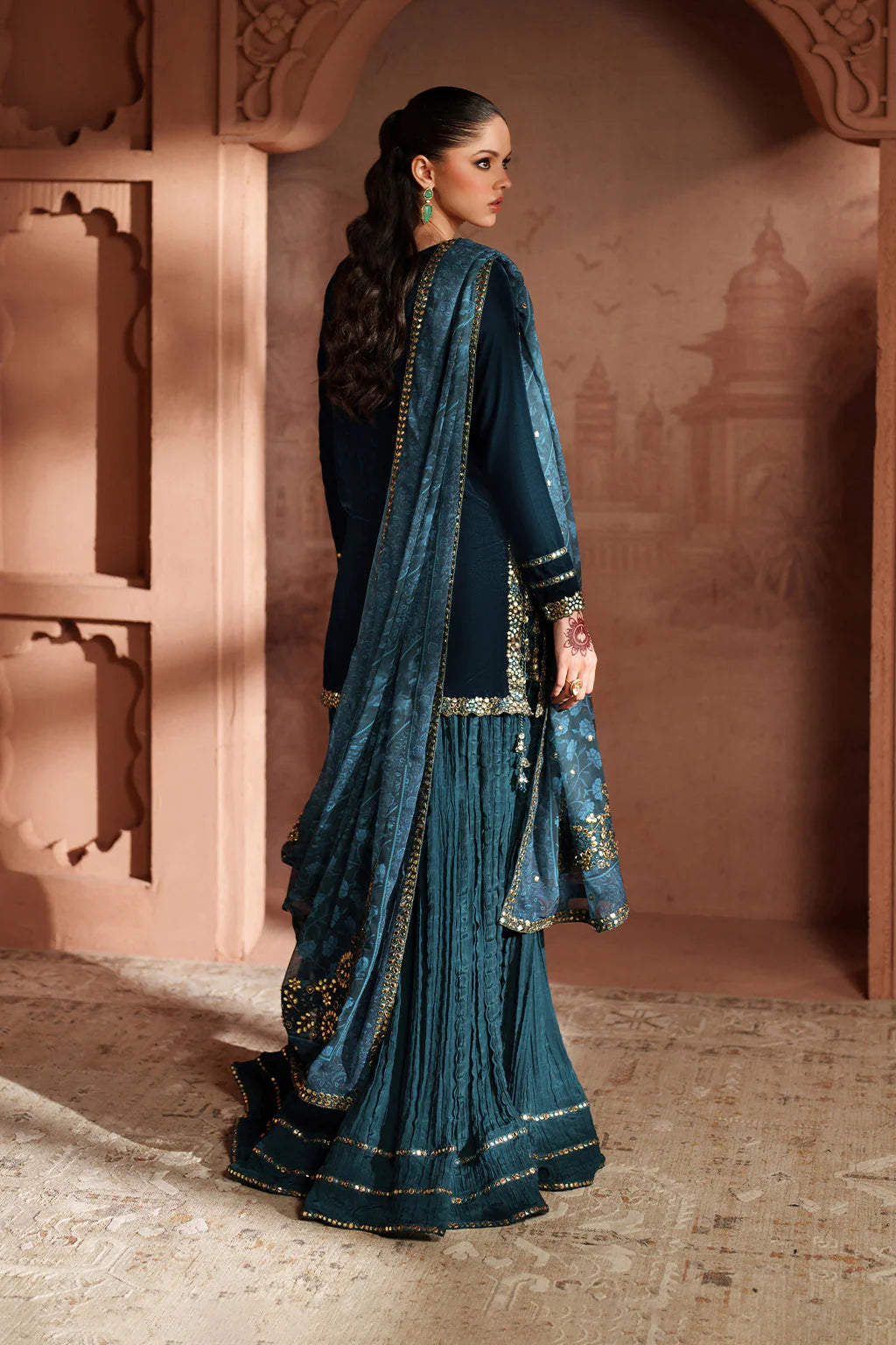 Iznik IV-64 Raagni Teal Blue Velvet Embroidered Sharara Suit – Winter Bridal & Festive Wear Online at Pakistanimoda.com