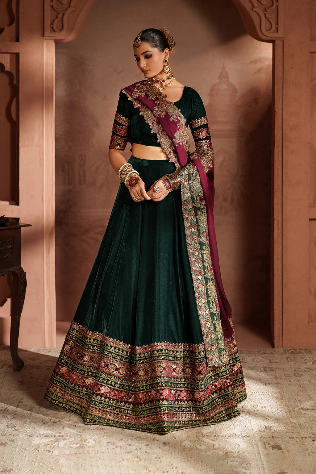 Iznik IV-65 Raagni Bottle Green Velvet Embroidered Lehenga Choli – Winter Bridal & Festive Wear Online at Pakistanimoda.com