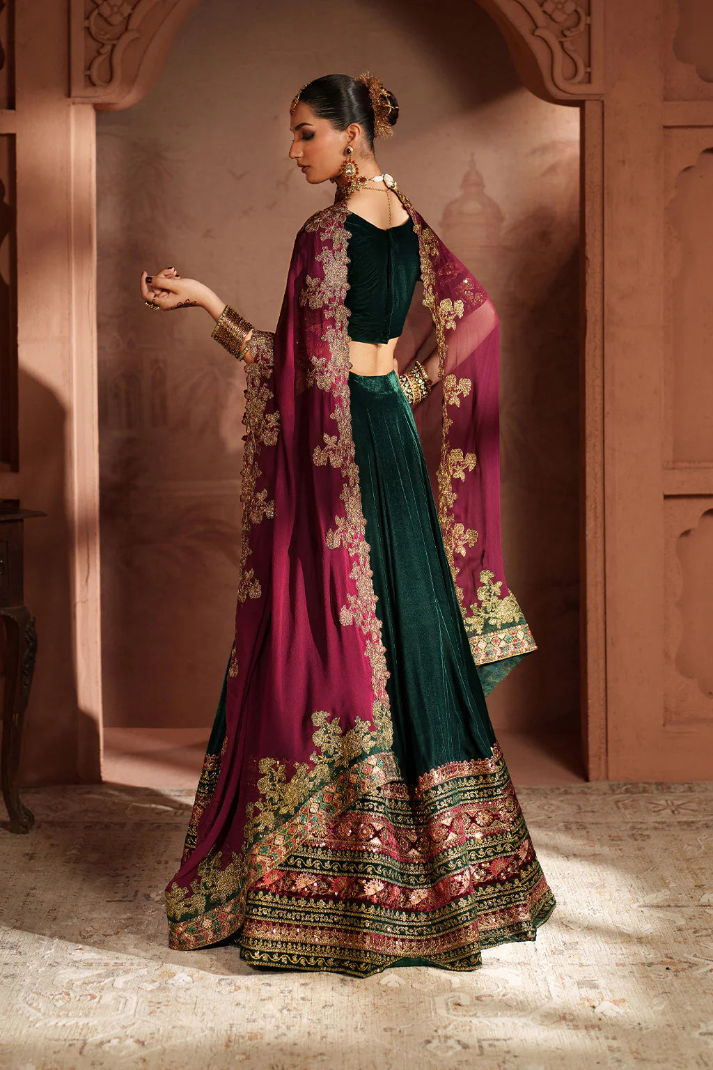 Iznik IV-65 Raagni Bottle Green Velvet Embroidered Lehenga Choli – Winter Bridal & Festive Wear Online at Pakistanimoda.com