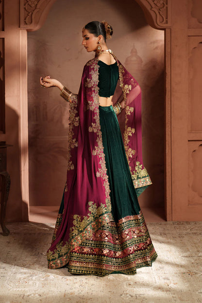 Iznik IV-65 Raagni Bottle Green Velvet Embroidered Lehenga Choli – Winter Bridal & Festive Wear Online at Pakistanimoda.com
