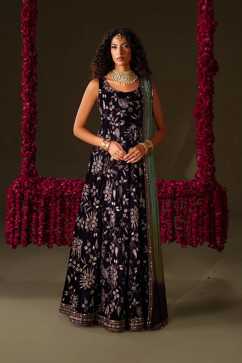 Iznik Velvet Edit II IV-67 purple embroidered frock with velvet bottom and tie-dye chiffon dupatta, ideal for festive & wedding wear UK.