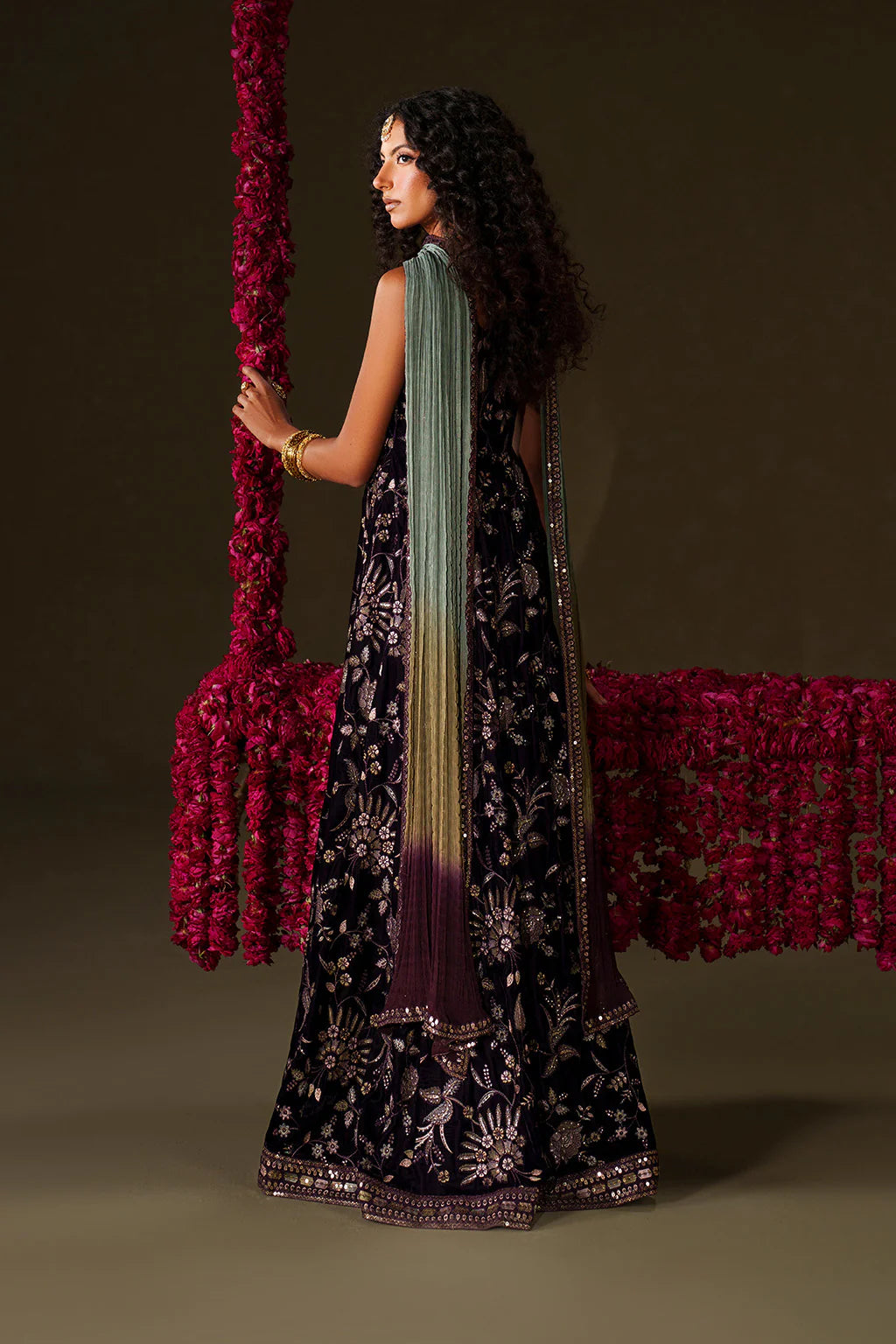 Iznik Velvet Edit II IV-67 purple embroidered frock with velvet bottom and tie-dye chiffon dupatta, ideal for festive & wedding wear UK.