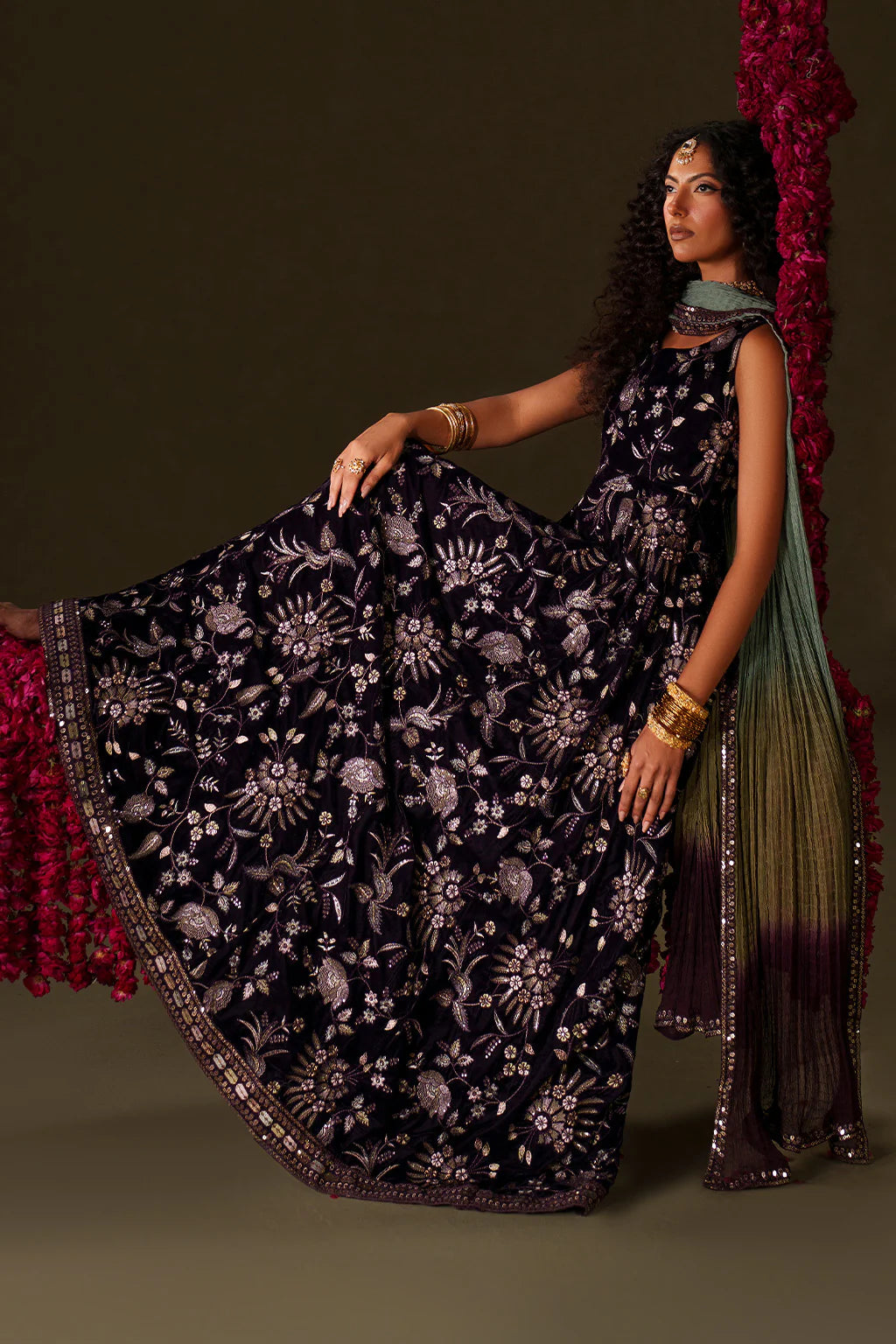 Iznik Velvet Edit II IV-67 purple embroidered frock with velvet bottom and tie-dye chiffon dupatta, ideal for festive & wedding wear UK.