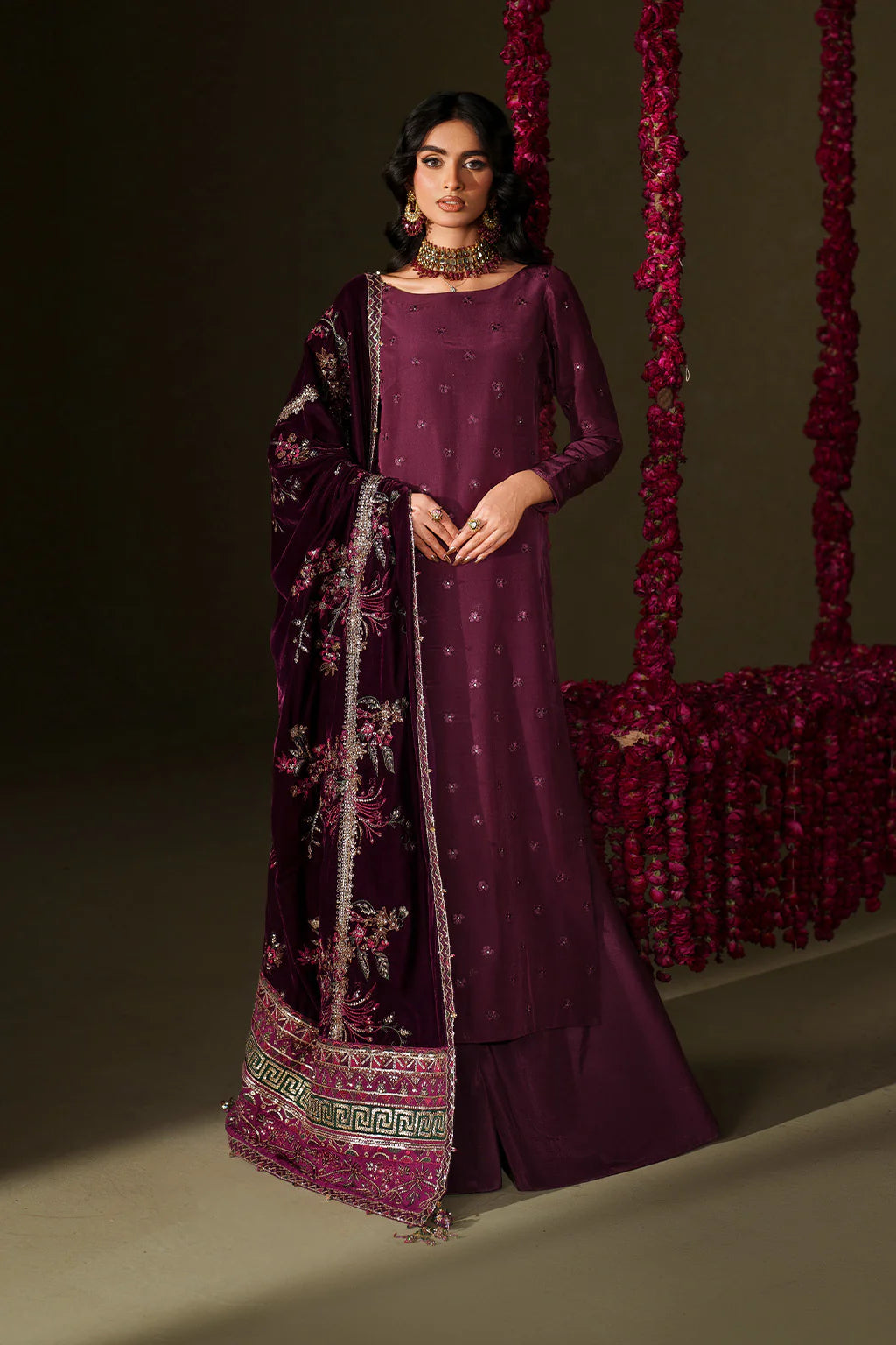 Iznik Velvet Edit II IV-68 plum embroidered ramen silk suit with stitched velvet shawl and raw silk trouser, luxury outfit available at Pakistanimoda.