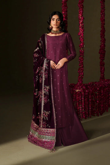 Iznik Velvet Edit II IV-68 plum embroidered ramen silk suit with stitched velvet shawl and raw silk trouser, luxury outfit available at Pakistanimoda.