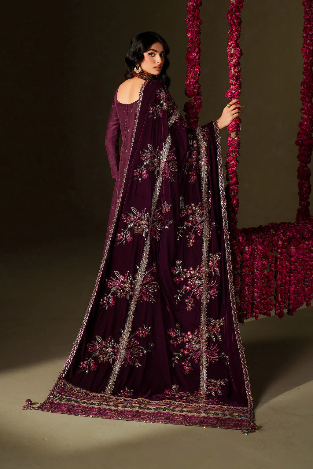 Iznik Velvet Edit II IV-68 plum embroidered ramen silk suit with stitched velvet shawl and raw silk trouser, luxury outfit available at Pakistanimoda.