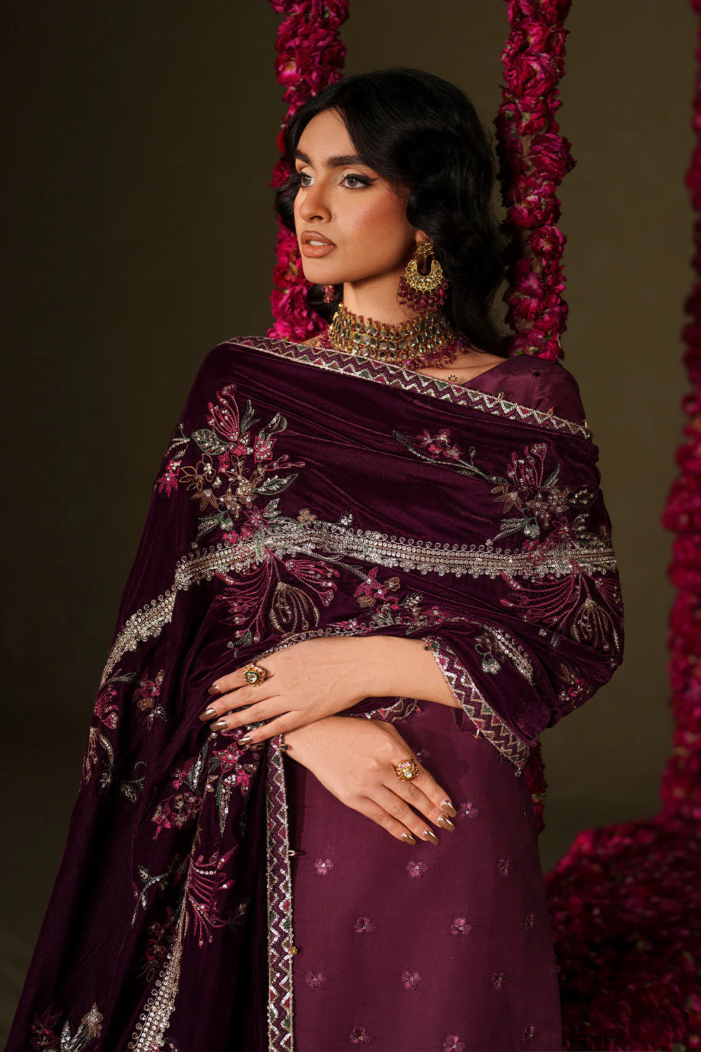 Iznik Velvet Edit II IV-68 plum embroidered ramen silk suit with stitched velvet shawl and raw silk trouser, luxury outfit available at Pakistanimoda.