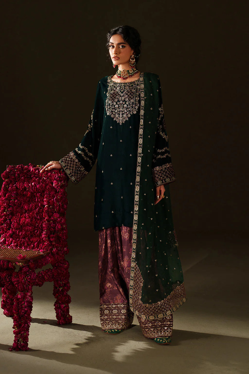 Iznik Velvet Edit II IV-69 bottle green velvet shalwar kameez with printed raw silk trouser & chiffon dupatta, stitched winter wear at Pakistanimoda.