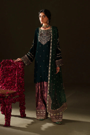 Iznik Velvet Edit II IV-69 bottle green velvet shalwar kameez with printed raw silk trouser & chiffon dupatta, stitched winter wear at Pakistanimoda.