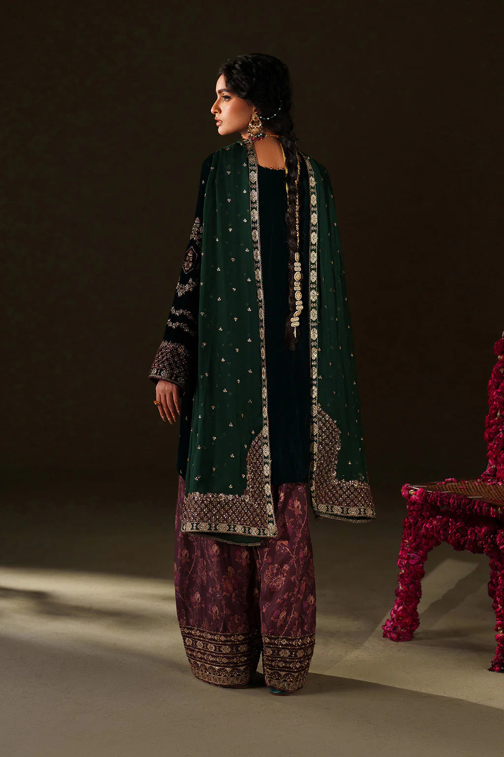 Iznik Velvet Edit II IV-69 bottle green velvet shalwar kameez with printed raw silk trouser & chiffon dupatta, stitched winter wear at Pakistanimoda.
