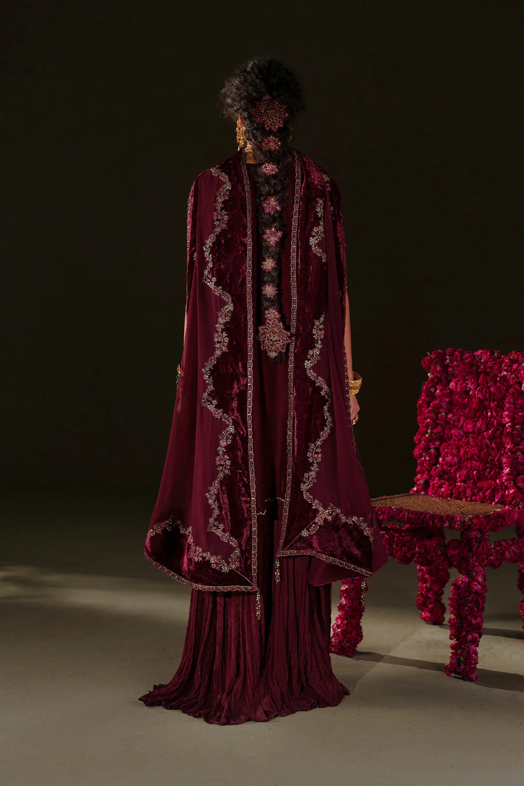 Iznik Velvet Edit II IV-71 maroon embroidered velvet formal sharara dress with chiffon dupatta and raw silk bottom, available at Pakistanimoda.