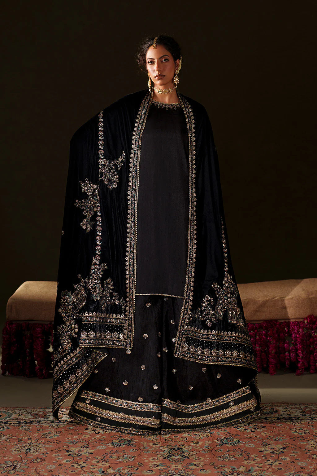 Iznik Velvet Edit II IV-72 black embroidered velvet shawl suit with raw silk trouser, stitched winter collection available at Pakistanimoda.