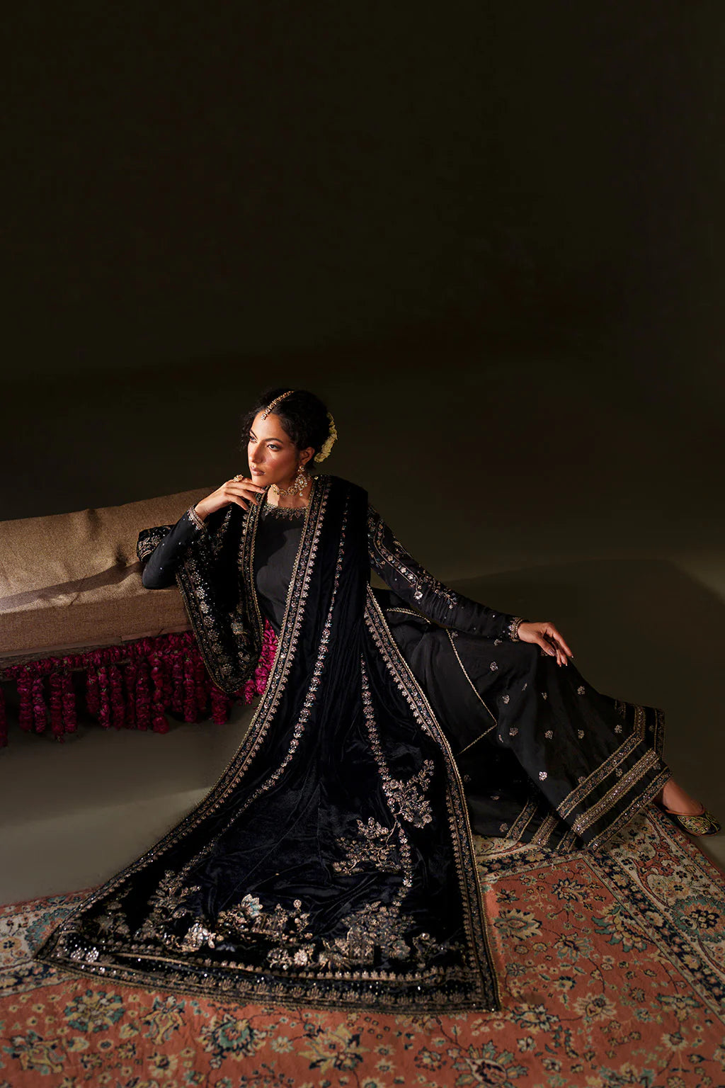 Iznik Velvet Edit II IV-72 black embroidered velvet shawl suit with raw silk trouser, stitched winter collection available at Pakistanimoda.