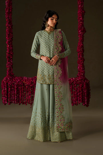Iznik Velvet Edit II IV-73 mint green embroidered velvet dress with tie-dye organza dupatta, stitched festive outfit available at Pakistanimoda.