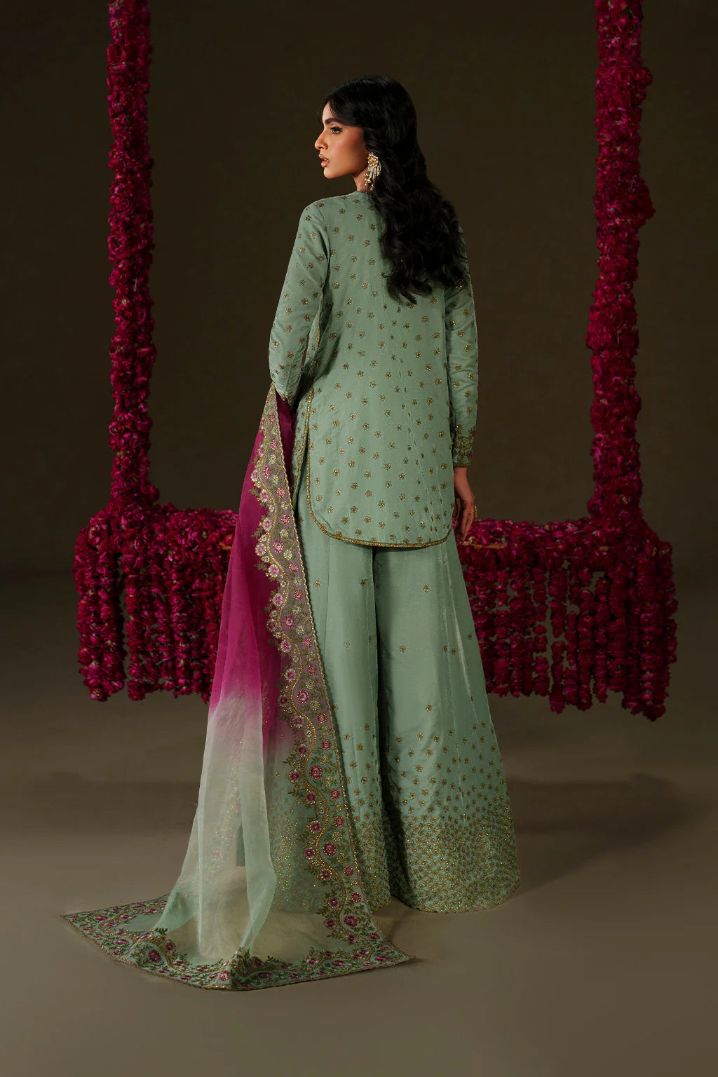 Iznik Velvet Edit II IV-73 mint green embroidered velvet dress with tie-dye organza dupatta, stitched festive outfit available at Pakistanimoda.