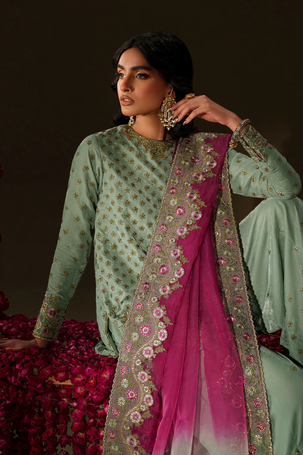 Iznik Velvet Edit II IV-73 mint green embroidered velvet dress with tie-dye organza dupatta, stitched festive outfit available at Pakistanimoda.