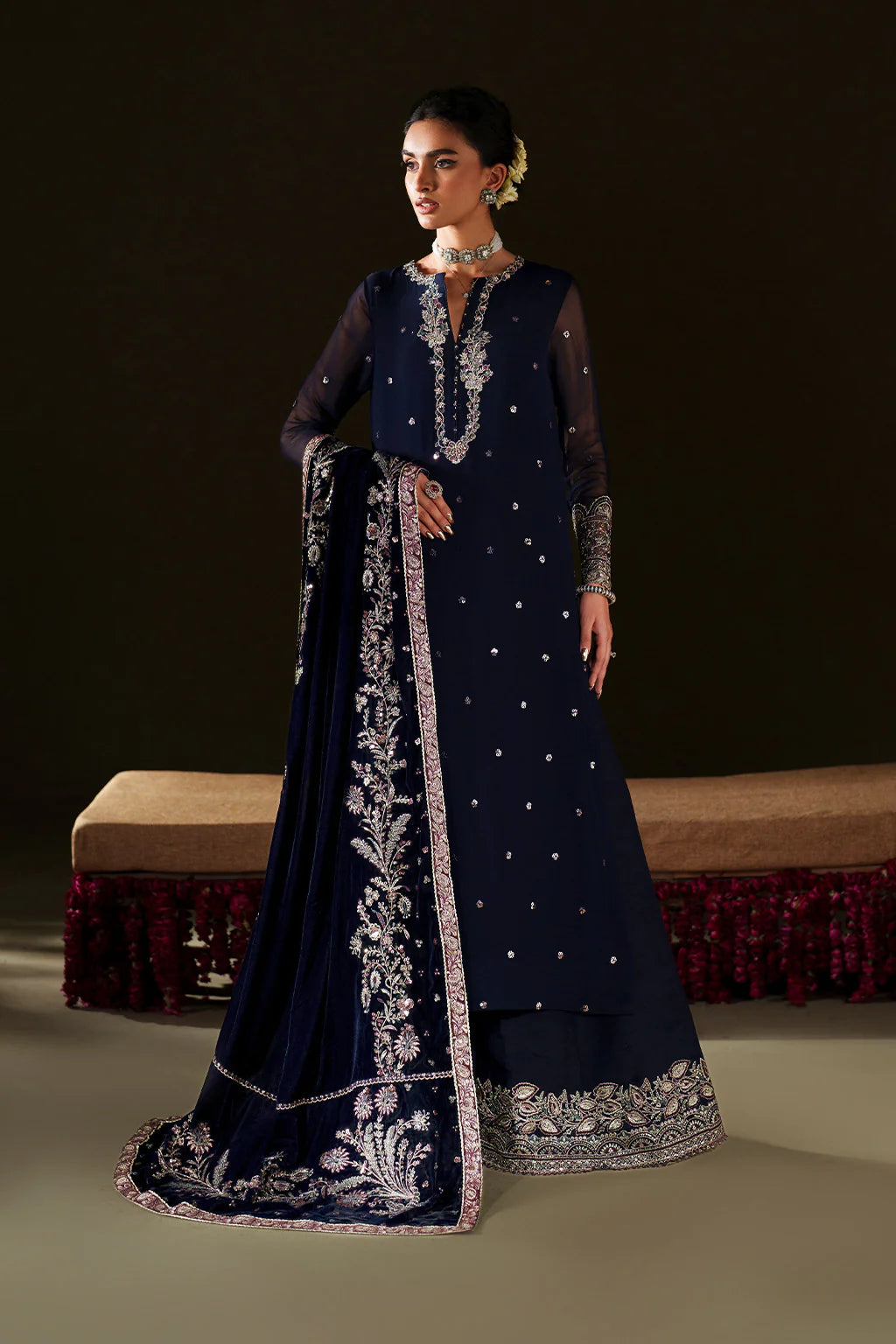 Iznik Velvet Edit II IV-76 navy blue formal shawl ensemble with embroidered chiffon shirt and velvet shawl, stitched outfit available at Pakistanimoda.