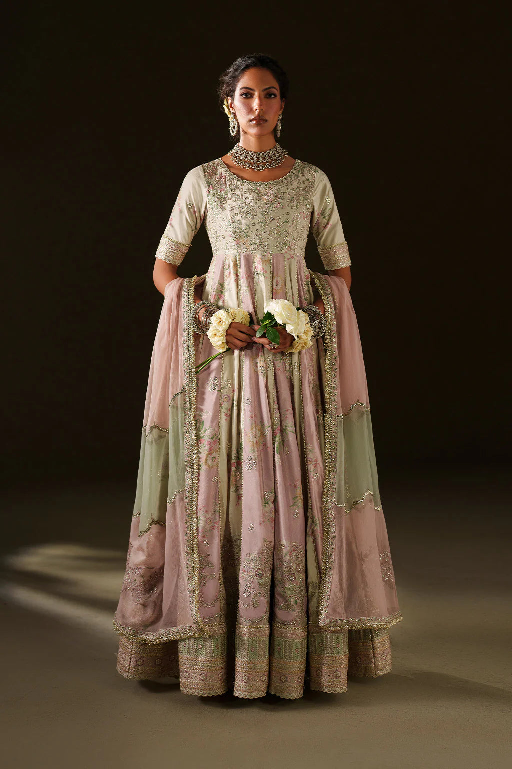 znik Velvet Edit II IV-77 Apple White & Pink Formal Embroidered Frock with chiffon dupatta – Pakistanimoda online collection 2025