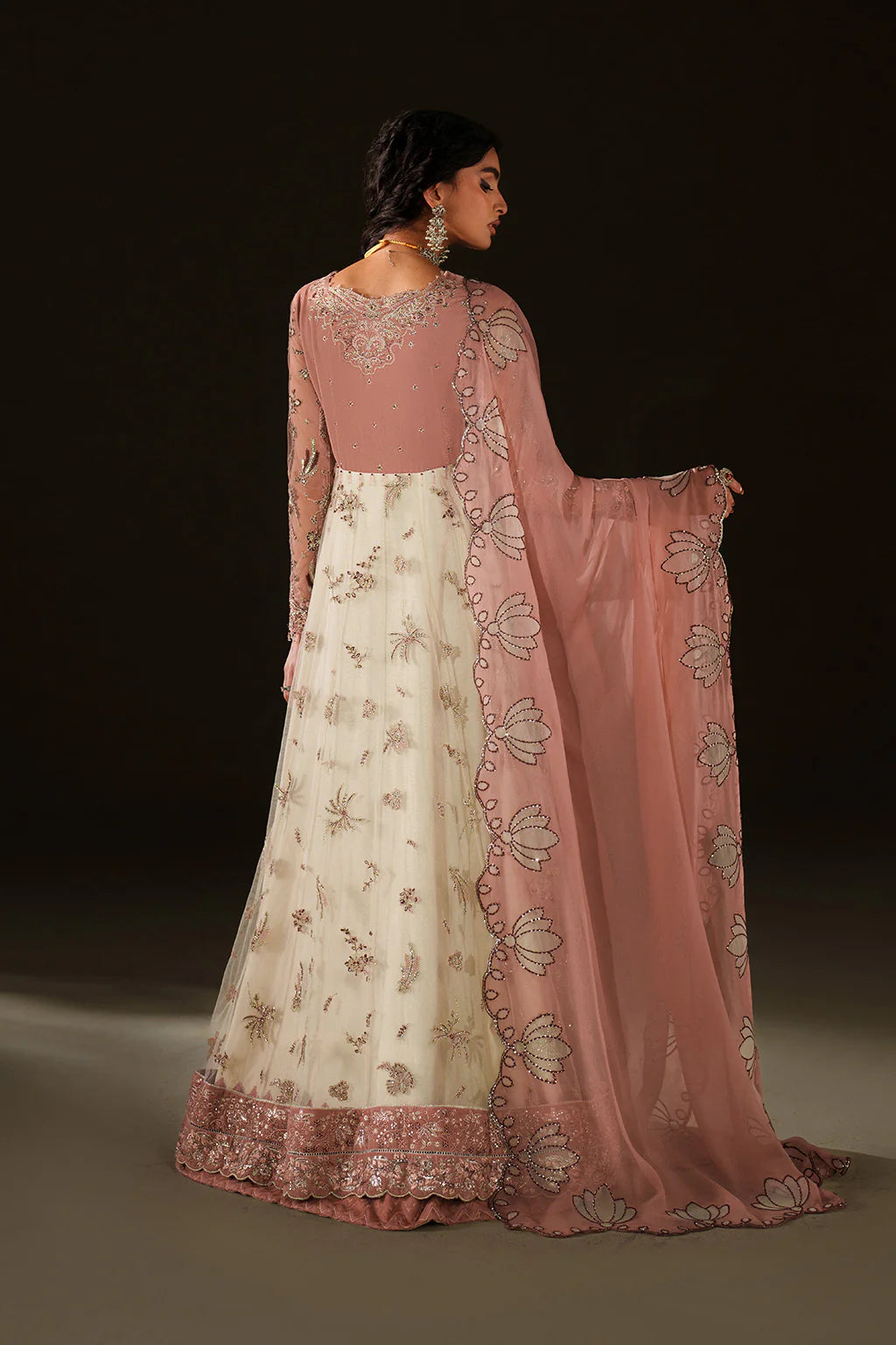 Iznik Velvet Edit II IV-78 ivory embroidered velvet and net frock with chiffon dupatta, luxury stitched outfit available at Pakistanimoda.