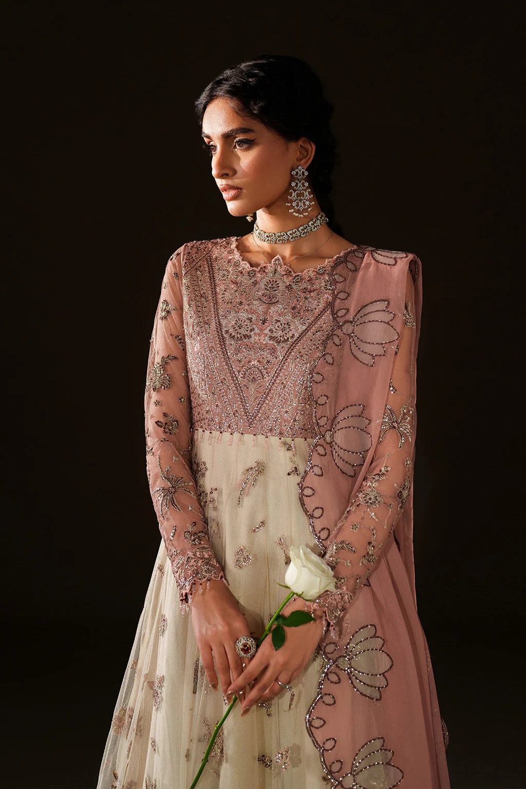 Iznik Velvet Edit II IV-78 ivory embroidered velvet and net frock with chiffon dupatta, luxury stitched outfit available at Pakistanimoda.